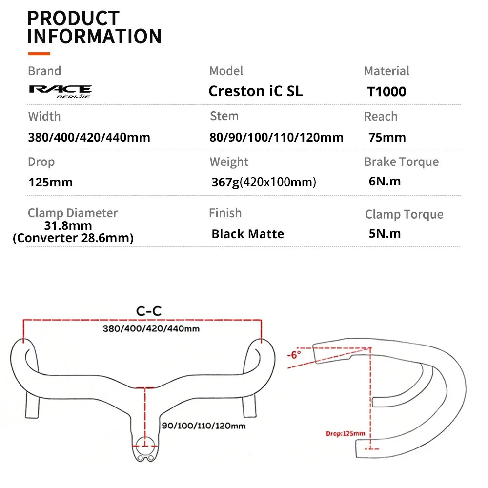 Road Bike -6° Rise Carbon Integrated Drop Bar 28.6mm Internal Routing with Mount