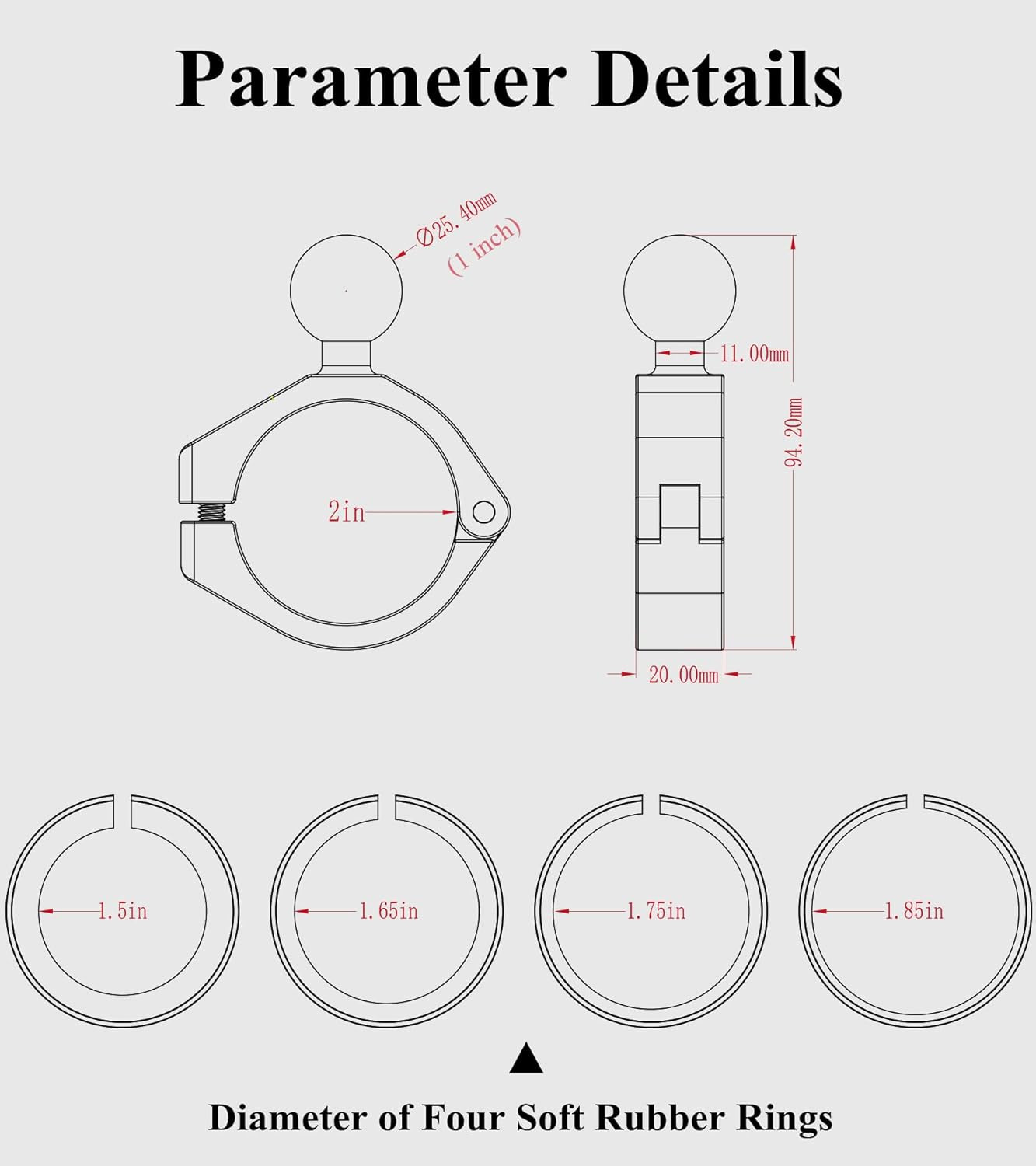 Aluminum Alloy Large Bar Clamp Mount Base with 1» TPU Ball | Fit 1.5» / 1.65»