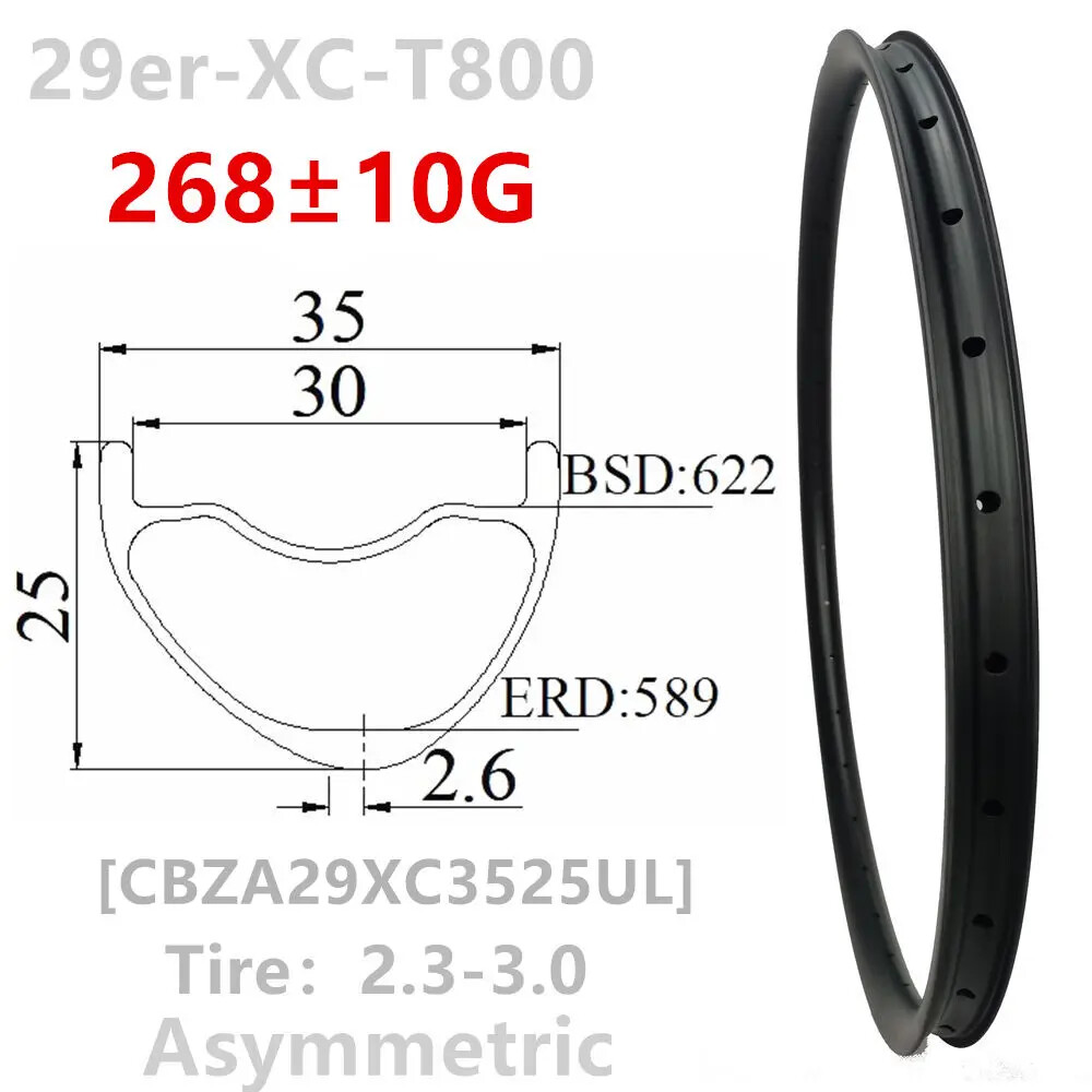 29er XC MTB Bike Asymmetric Carbon Rims Tubeless Hookless 28-32 Holes UD Wheel