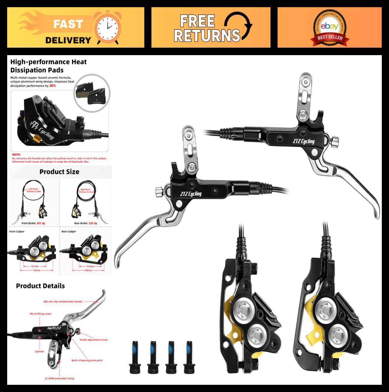 Hydraulic Disc Brake Set for MTB, 4 Piston, Ceramic Pads, 850mm & 1550mm Hoses,