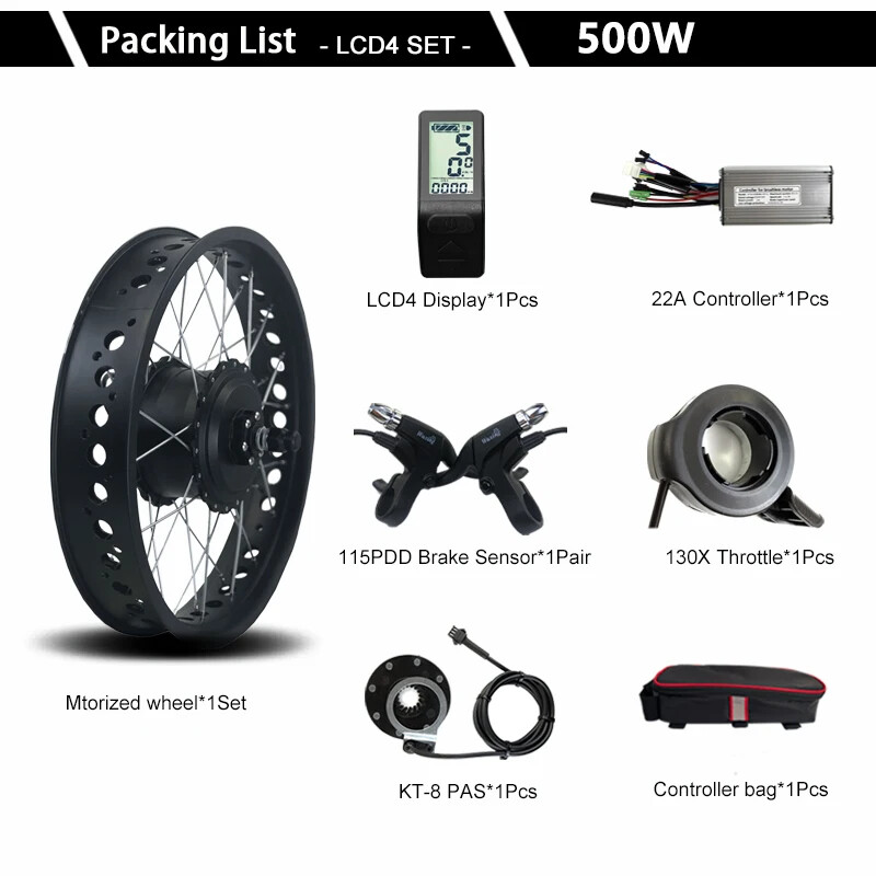 500W 36V 48V Fat Electric Bike 20 26inch 4.0 Tyre Front/Rear Hub Motor Wheel Kit