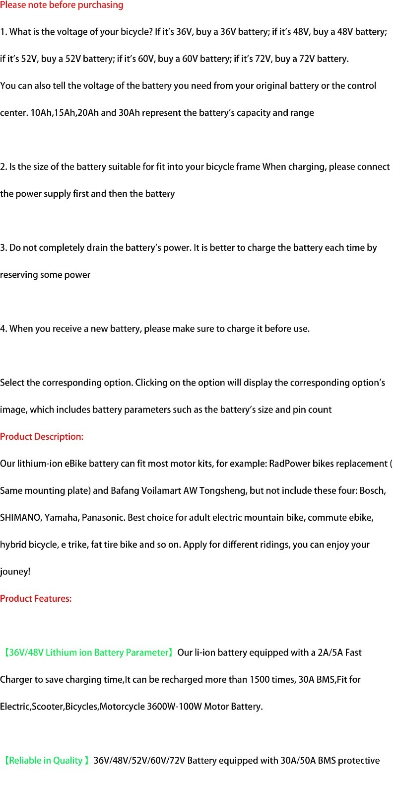36V 48V 52V 60V 72V Lithium Ebike Battery ≤3600W Electric Bike Motor 30A-50A BMS