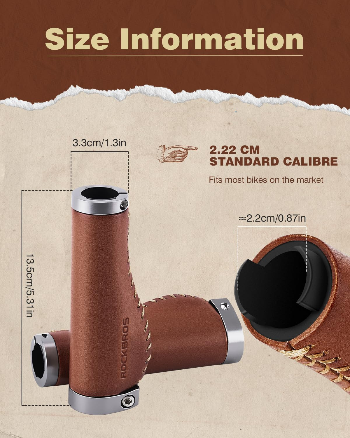 ROCKBROS Leather Bike Handlebar Grips Bike Grips Leather Grips Ergonomic Design,