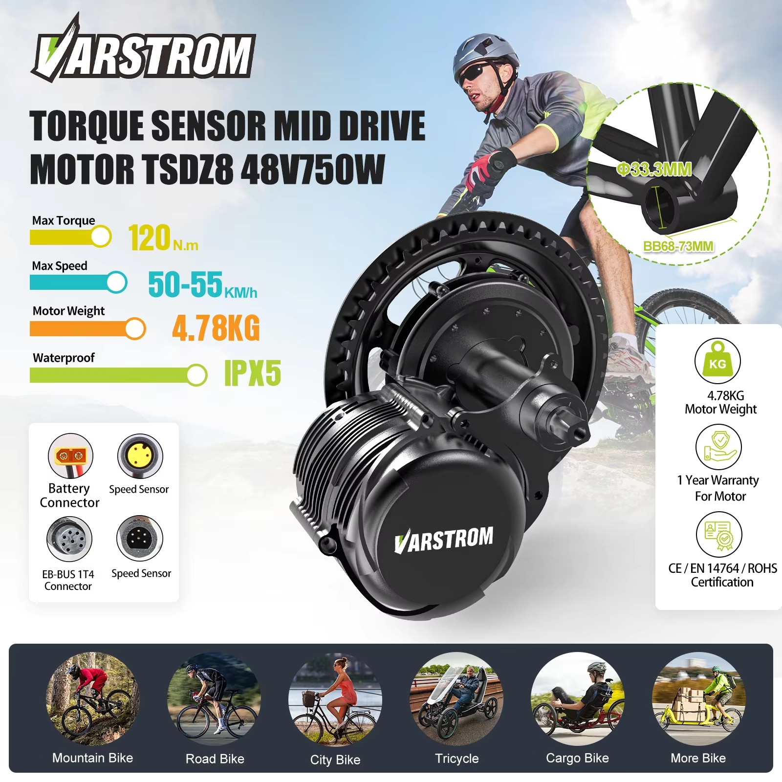 Ebike Conversion Kit 48V750W68-73mm Torque Sensored Tongsheng Mid Drive Motor US