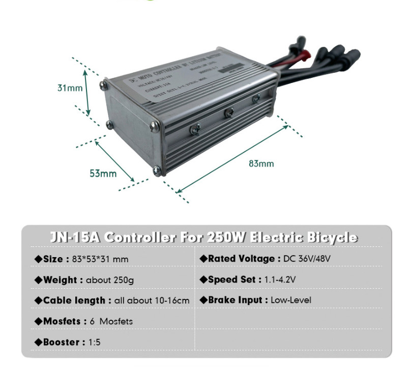 E-bike JN 36V/48V 15A 250W 9 PIN Square wave controller with light wire