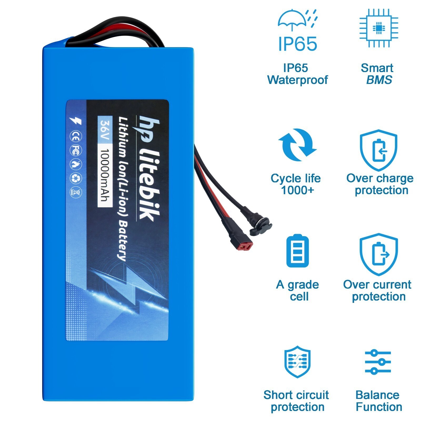 Lithium ion ebike Battery 36V 10AH for 36V 200W-1000W Bicycle Bike Motor 30A BMS