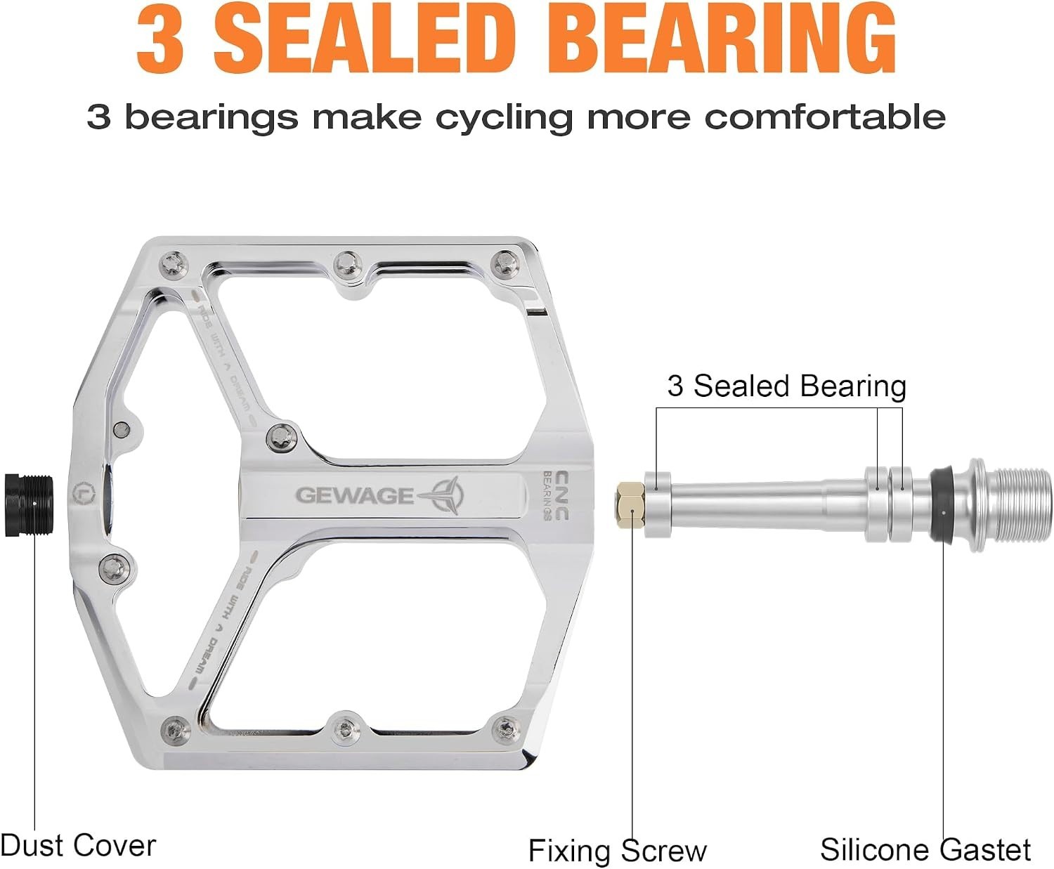 Road/Mountain Bike Pedals 3 Bearings Bicycle peda 9/16” CNC Machined Flat silver