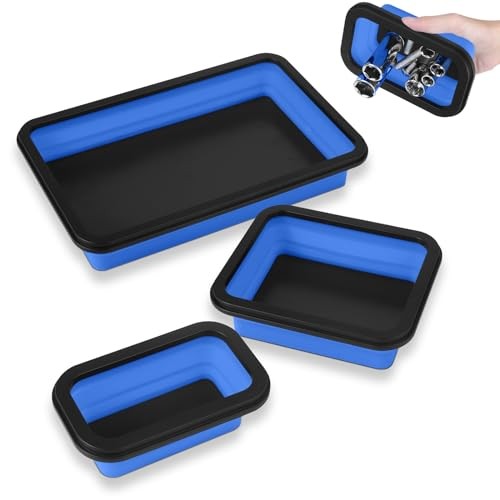 Magnetic Tool Trays 3-Pack – Collapsible Parts Holder | Strong Rubber Blue