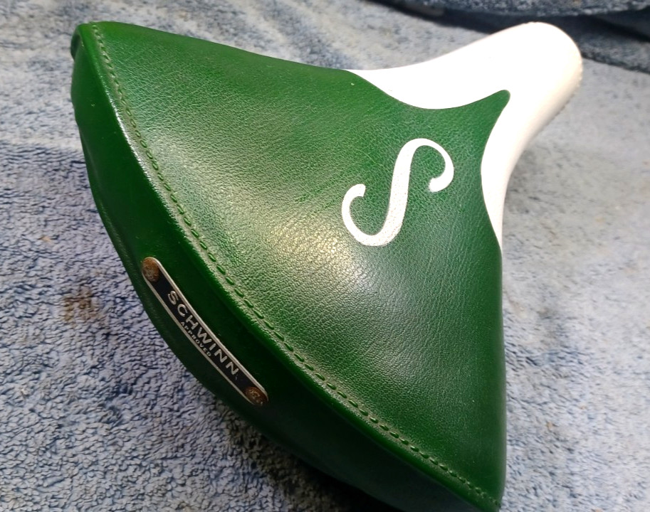 VGC Vintage «S» type Schwinn Green Mesinger Bicycle Seat Saddle with seatpost