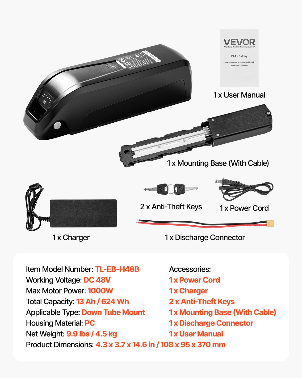 VEVOR Ebike Battery Electric Bike Lithium Battery 48V 13Ah for 1000W Motor BMS