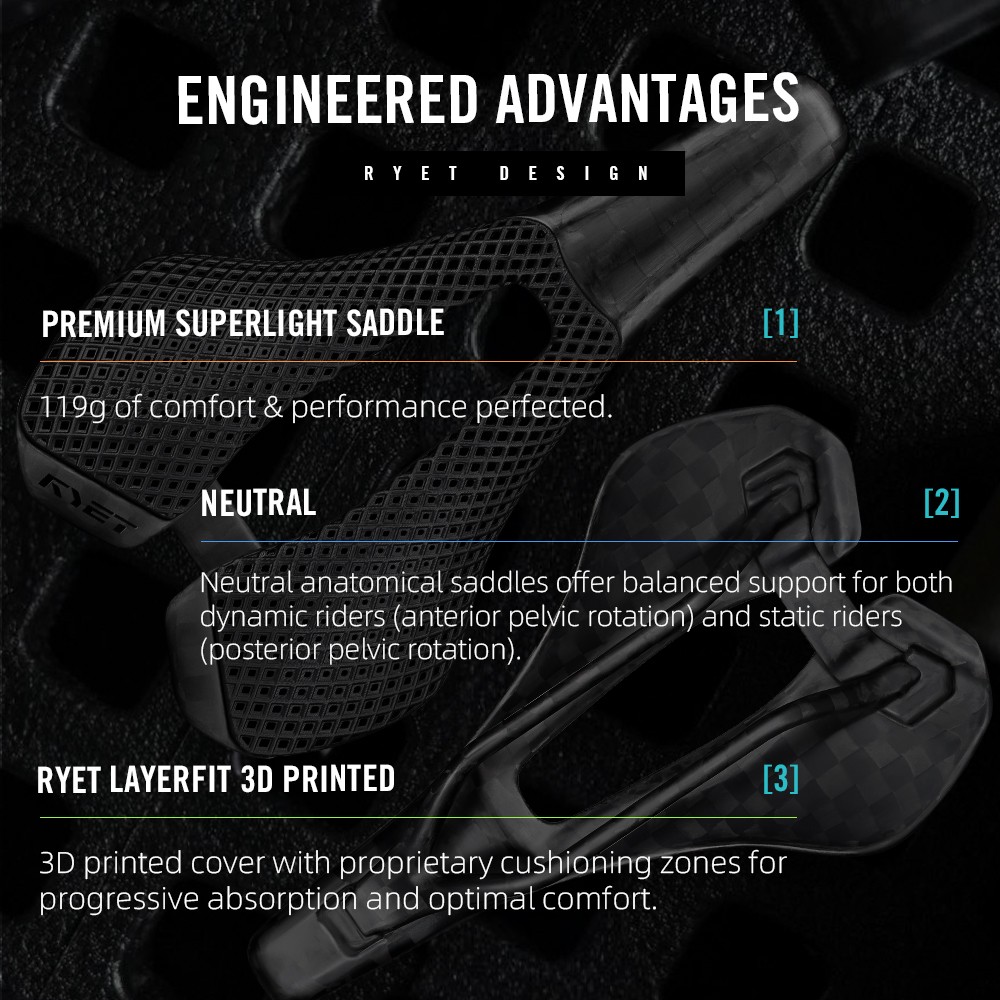 RYET Ultralight Carbon Bike Saddle 240x143mm 3D Printed Rail for Road MTB Gravel
