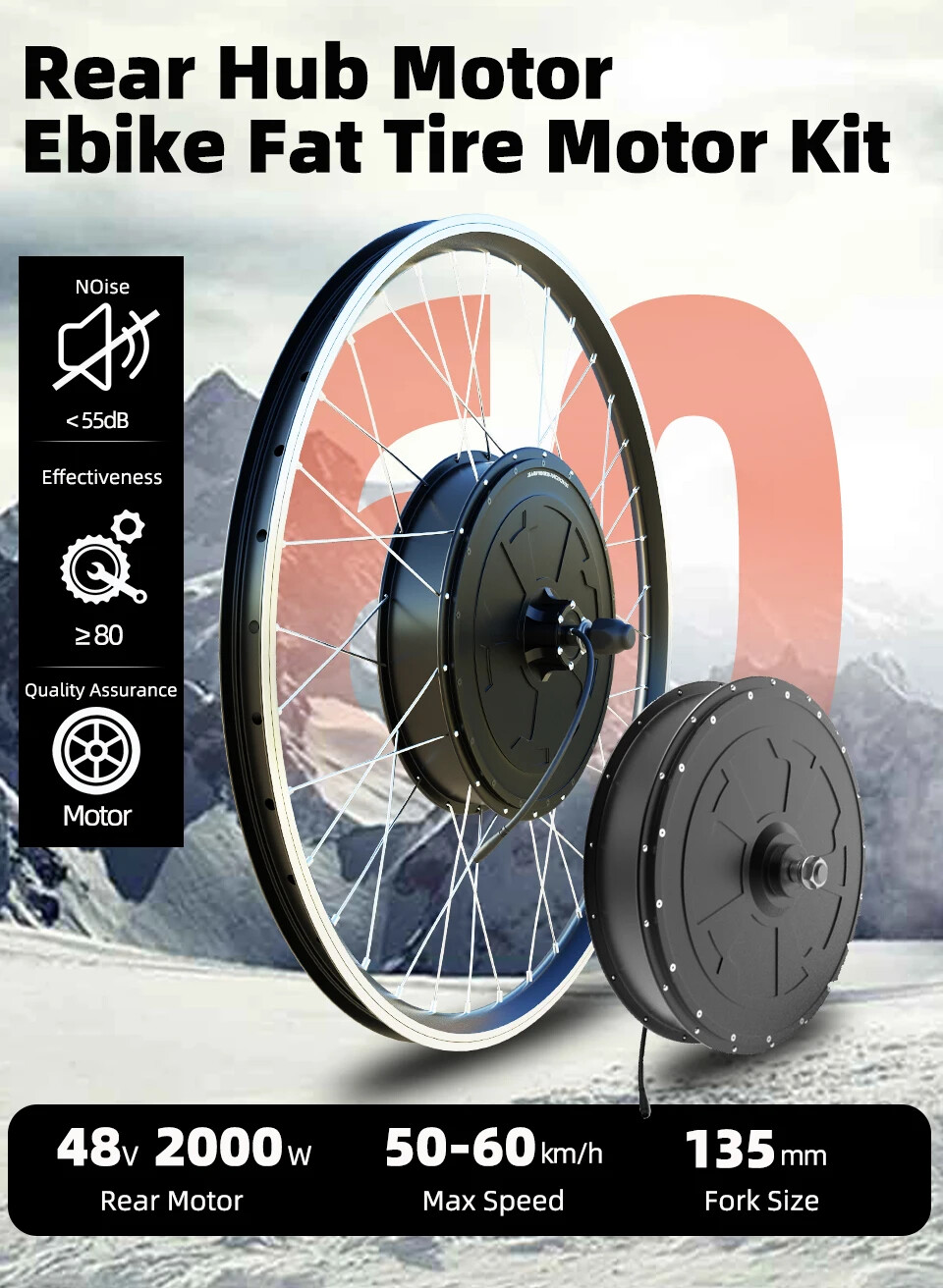 1500/2000W 48V Electric Bike Rear Wheel Hub Motor 26-29 Inch 45-55KM/H Speed
