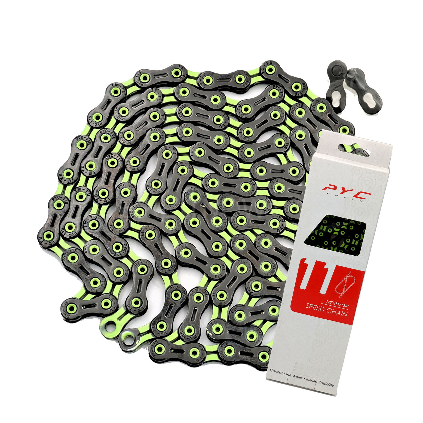 PYC DLC Hollow Ultralight 11-Spd Chain 116L,for Road/MTB/CX/Gravel, Black/Green