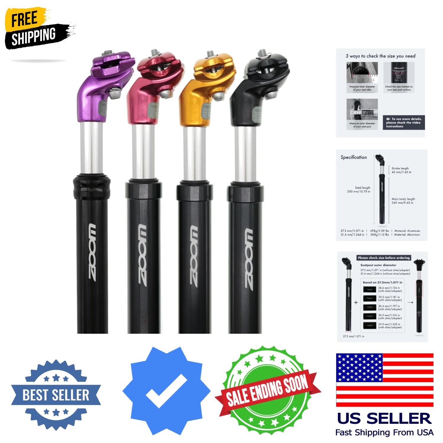 DJC Bike Suspension Seatpost Shock Absorber Damper Post 27.2 30.9 31.6 mm, Li…