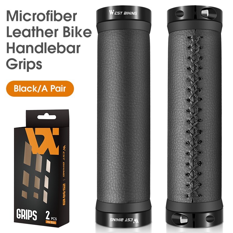 WEST BIKING Leather Bike Grips Lock-on Cycling Bicycle Handlebar Grips Black