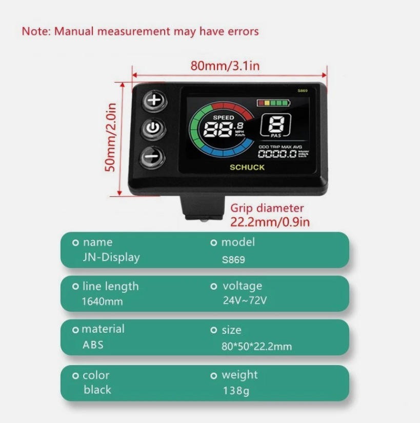 E-Bike Compatible S869 Smart LCD Color Screen with light wire 5PIN WP plug.