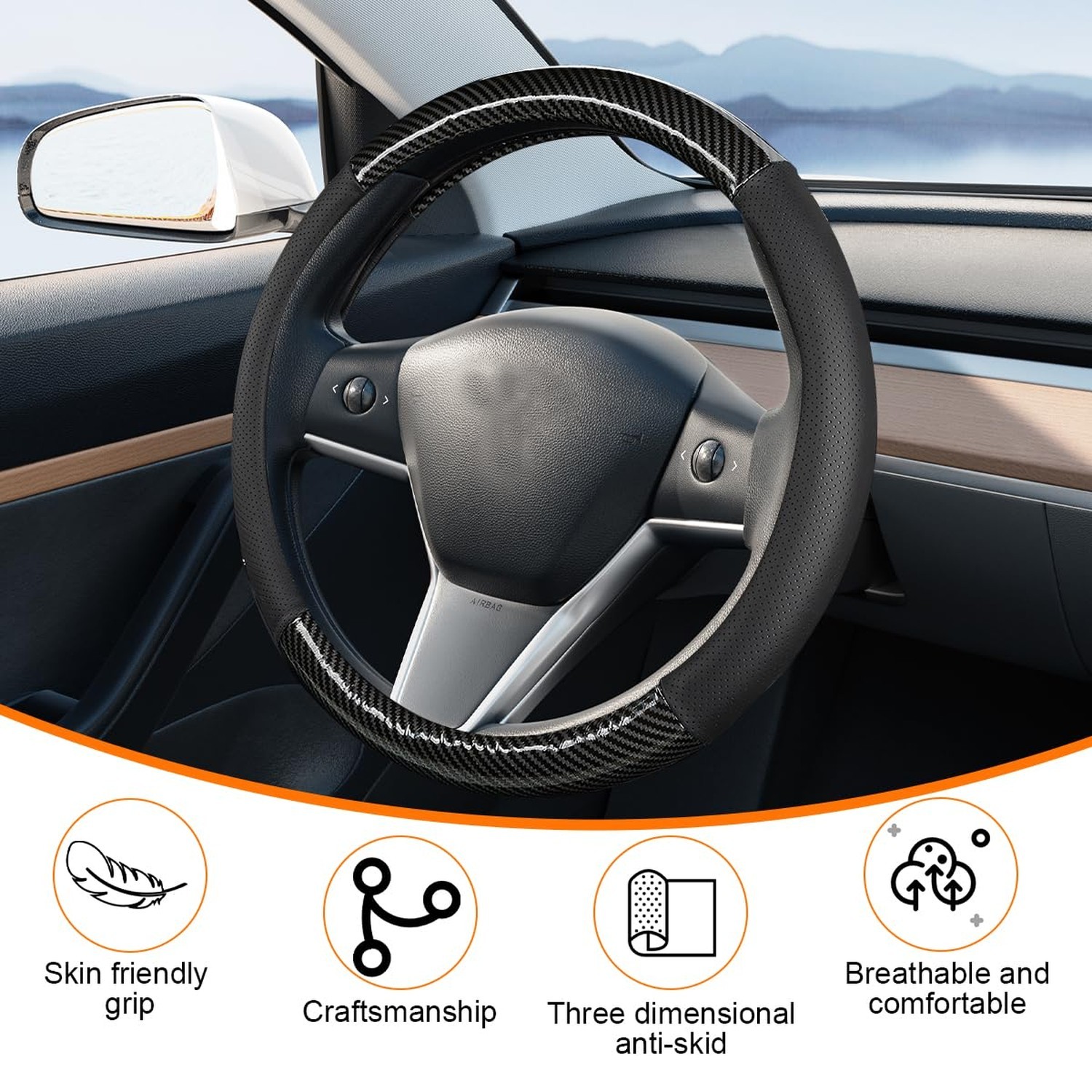 Car Steering Wheel Cover, 15 Inch Carbon Fiber Full Surround Vehicle Steering…