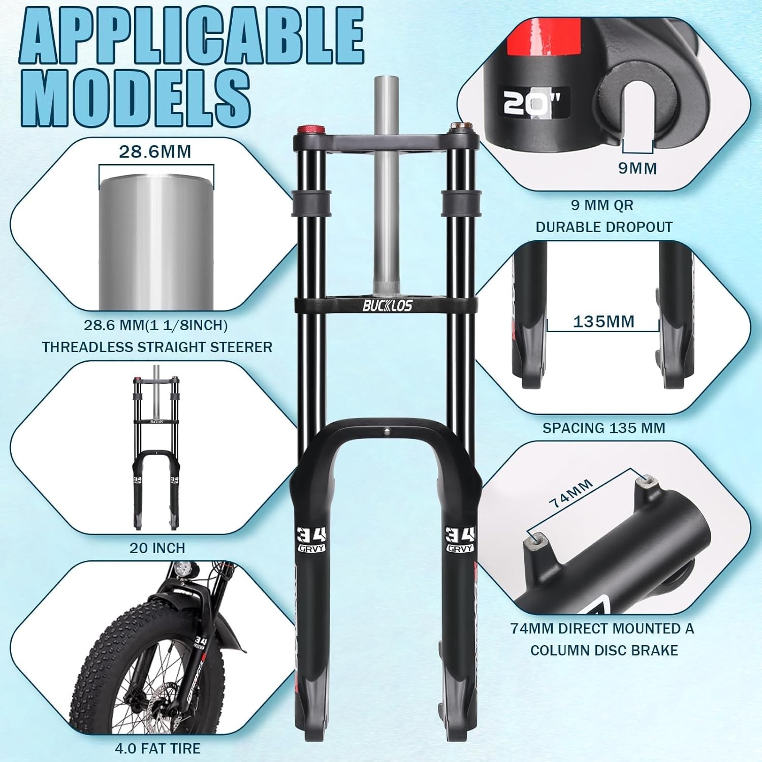 20 Inch Suspension Forks 180mm Travel 9*135mm QR Electric Oil MTB Fat Fork 1-1/8