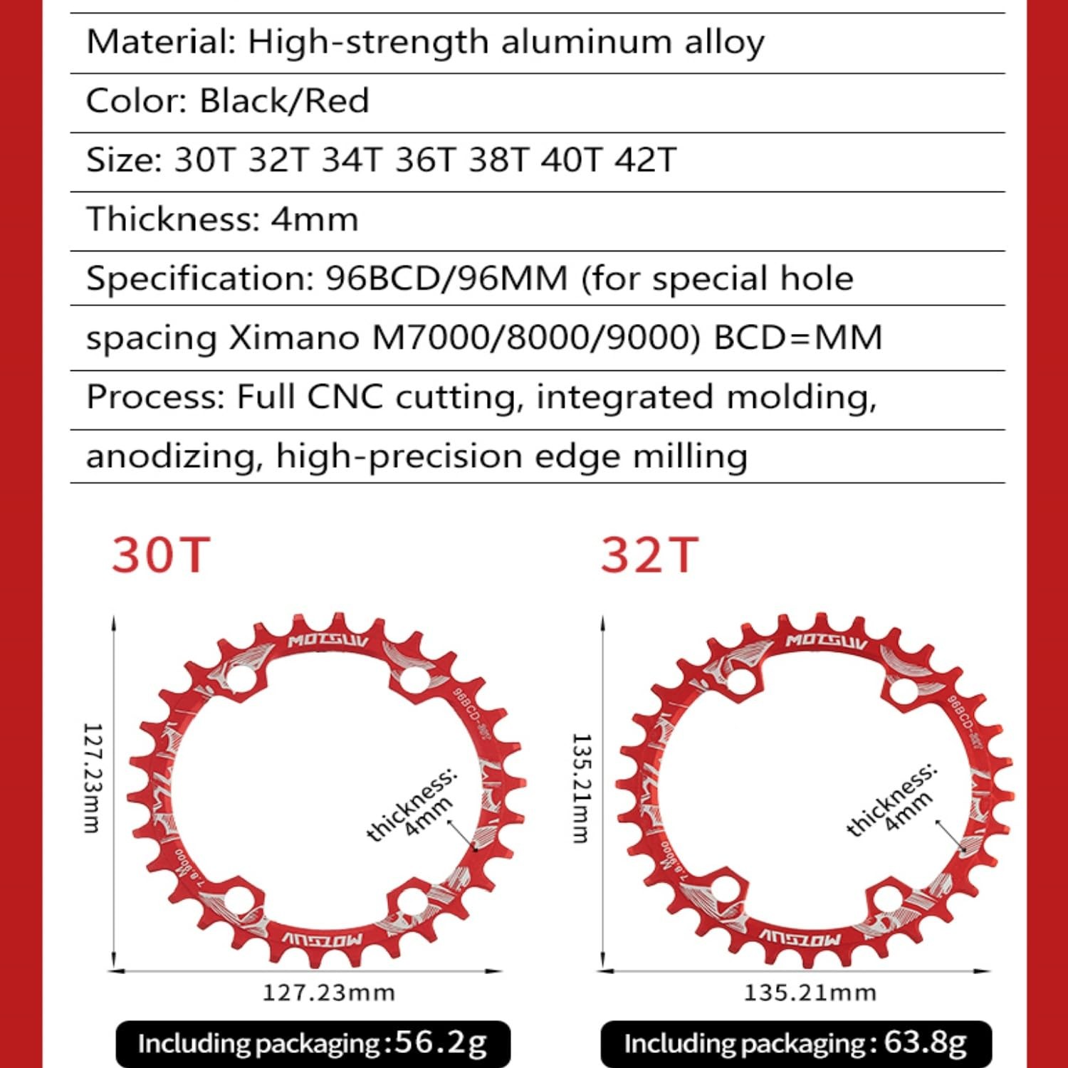 YBEKI 96 BCD Chainring CNC 7075T6 Aluminum 30T42T Narrow Wide Chainwheel | Mo…