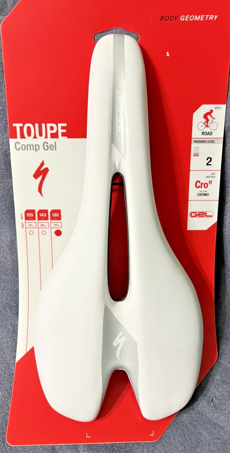 New White Specialized Toupe Comp Gel 130mm 257 G road saddle. Hollow Cromo