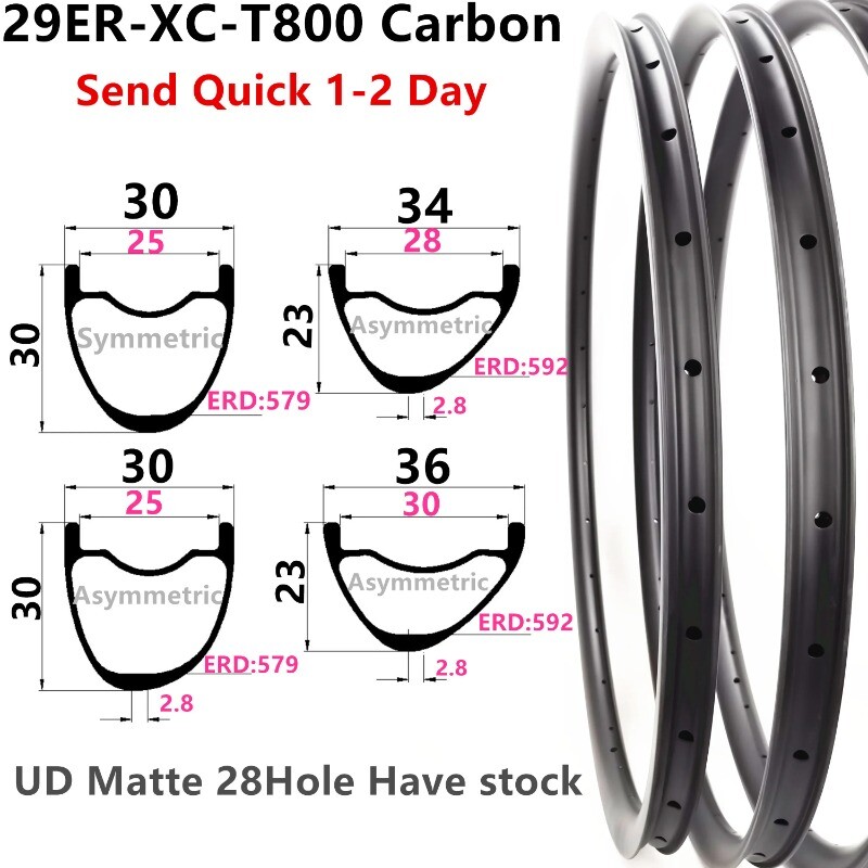 29er XC Mountain Bike Carbon Rims 28H Asymmetric Hookless Tubeless Bicycle Wheel