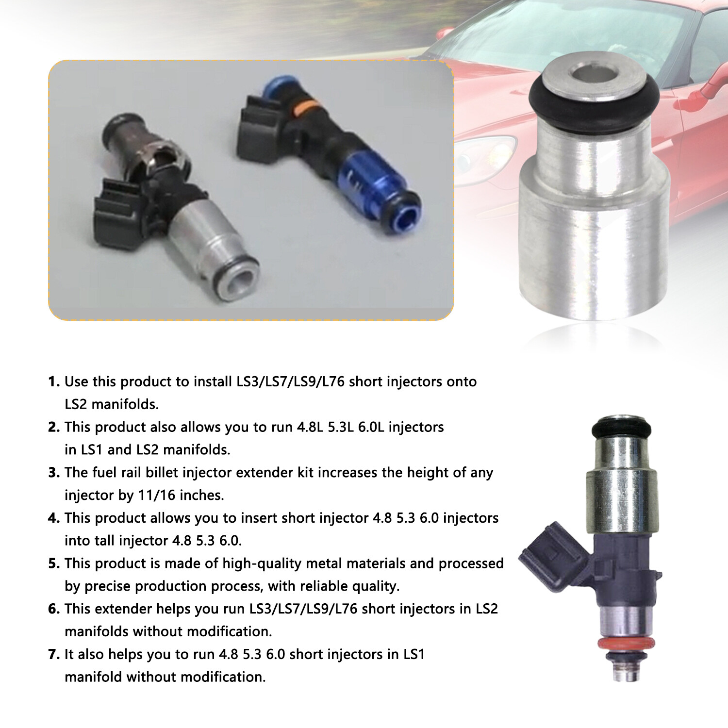 New 8x LS3 LS7 LS9 L76 Shorty Fuel Injector Adapter Spacer to a LS2 Manifold