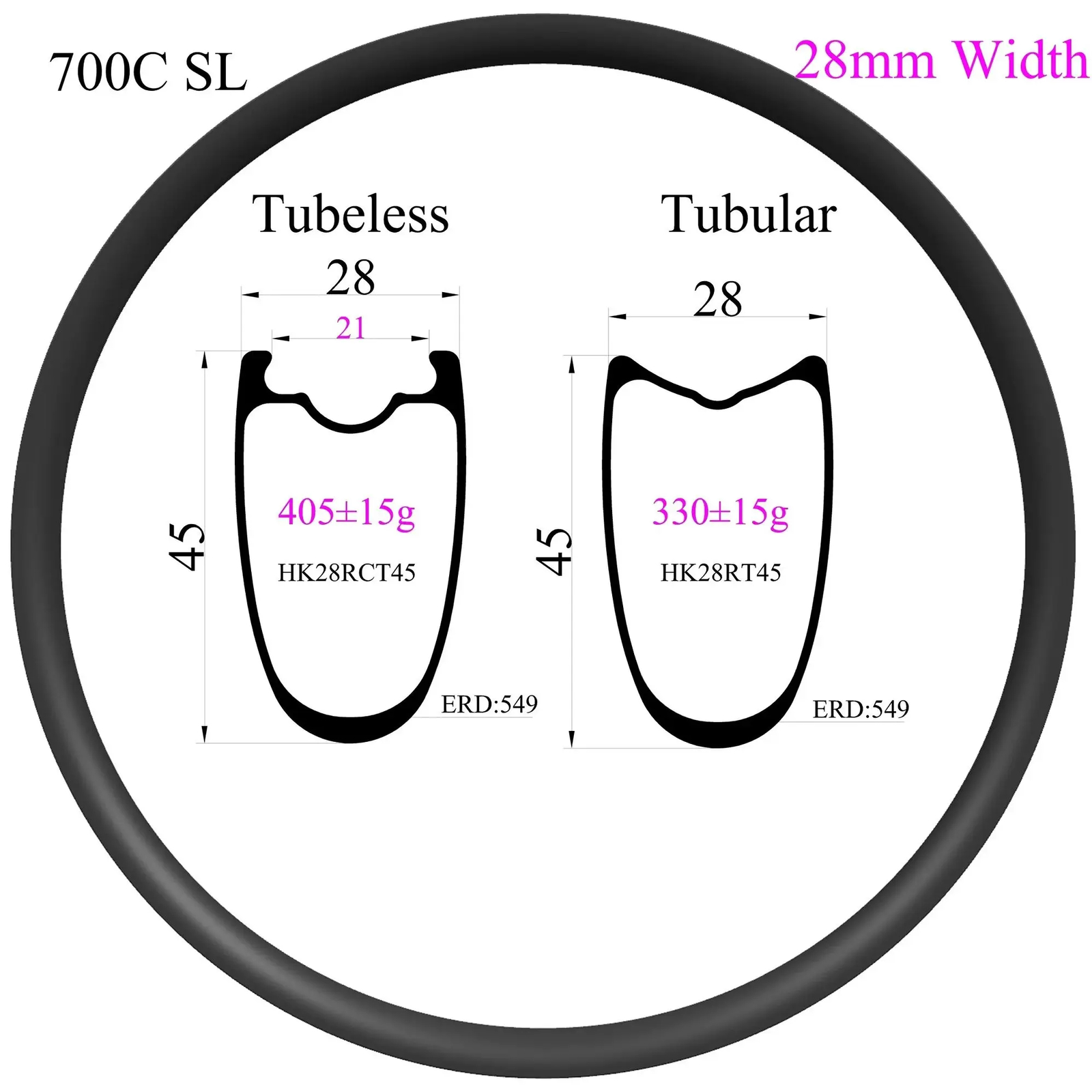 700C Road Bike Carbon Rim Width 28mm Depth 45 Mm Tubeless Clincher Matte/Glossy