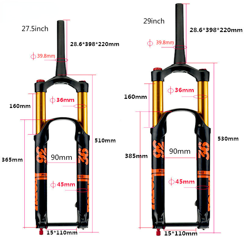27.5 29″ Bicycle Air Fork Suspension Tapered Damping Rebound Adjustment 110*15mm