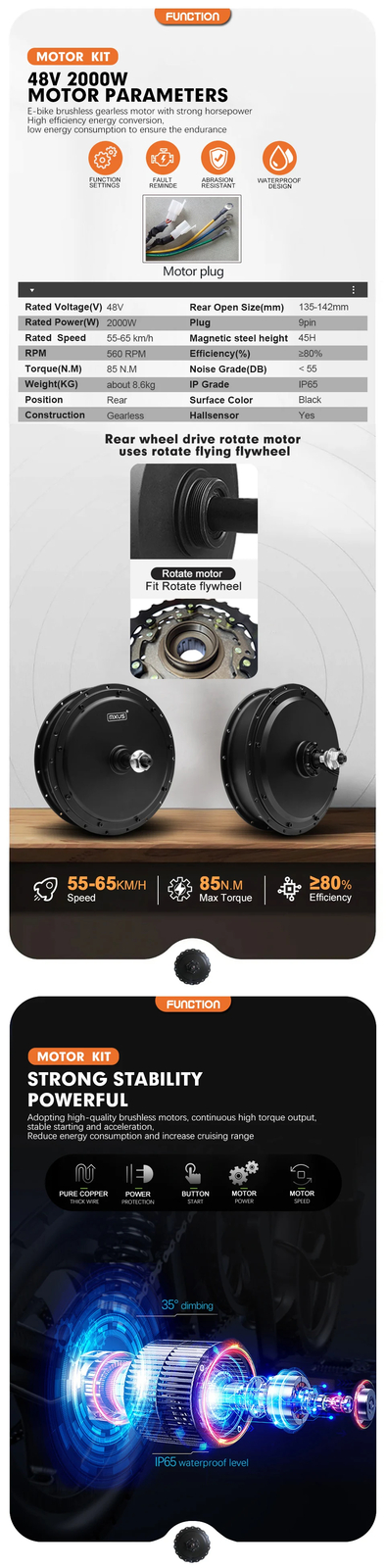 MTB Ebike Conversion Kit 48V 2000W 3.0Tyre Brushless Rear Rotate Hub Motor Wheel