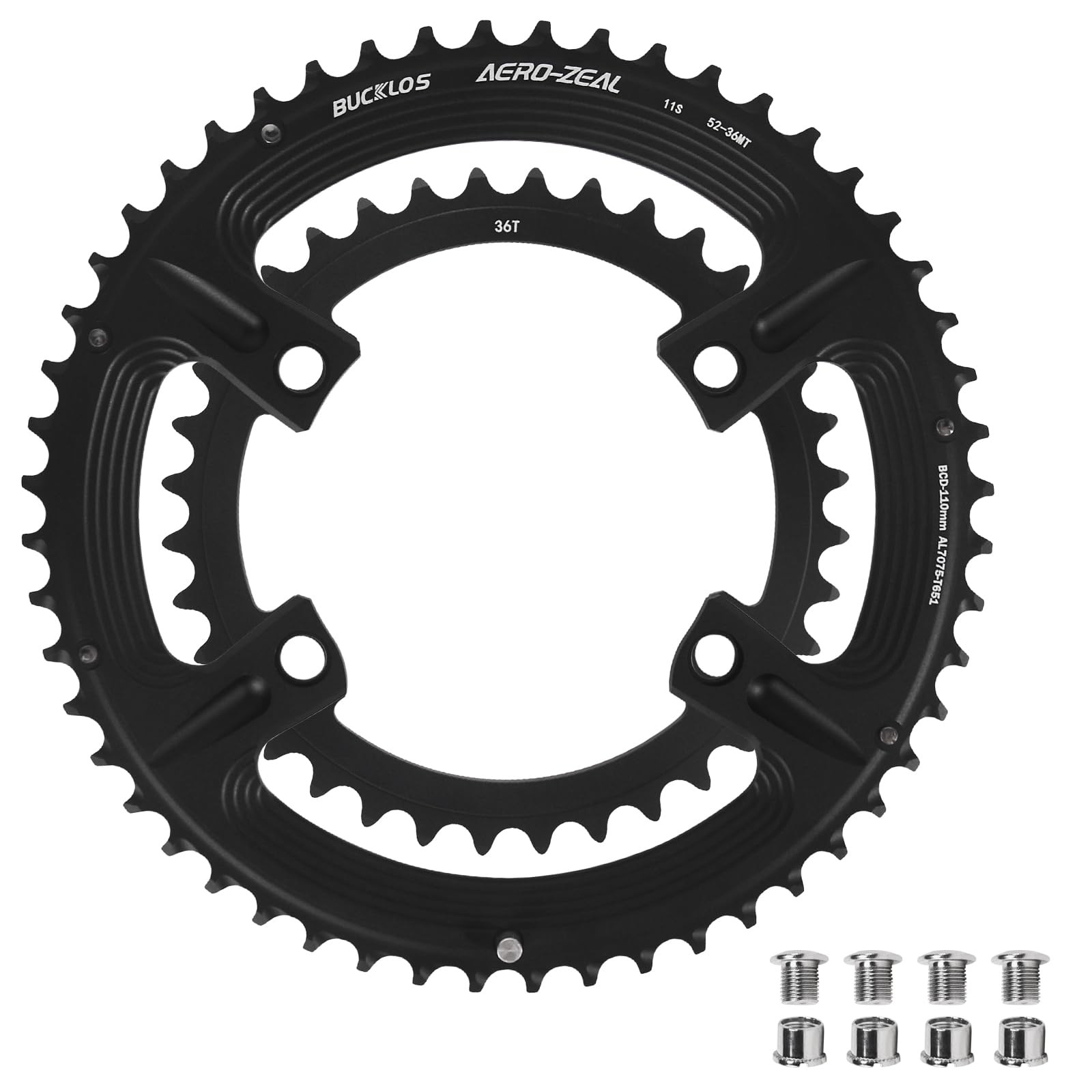 BUCKLOS 110 BCD Road Bike Chainring, Double Round 4 Bolts 7075-T651 52-36T