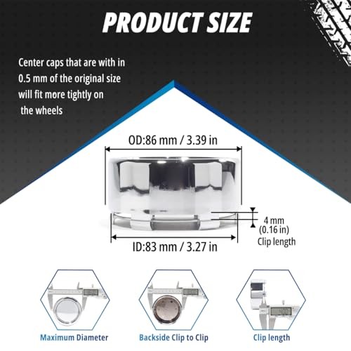 4 Pack 86 mm / 3.39 in Wheel Center Caps Kit, OD: 86 mm / 3.39 in, ID: 83 chome