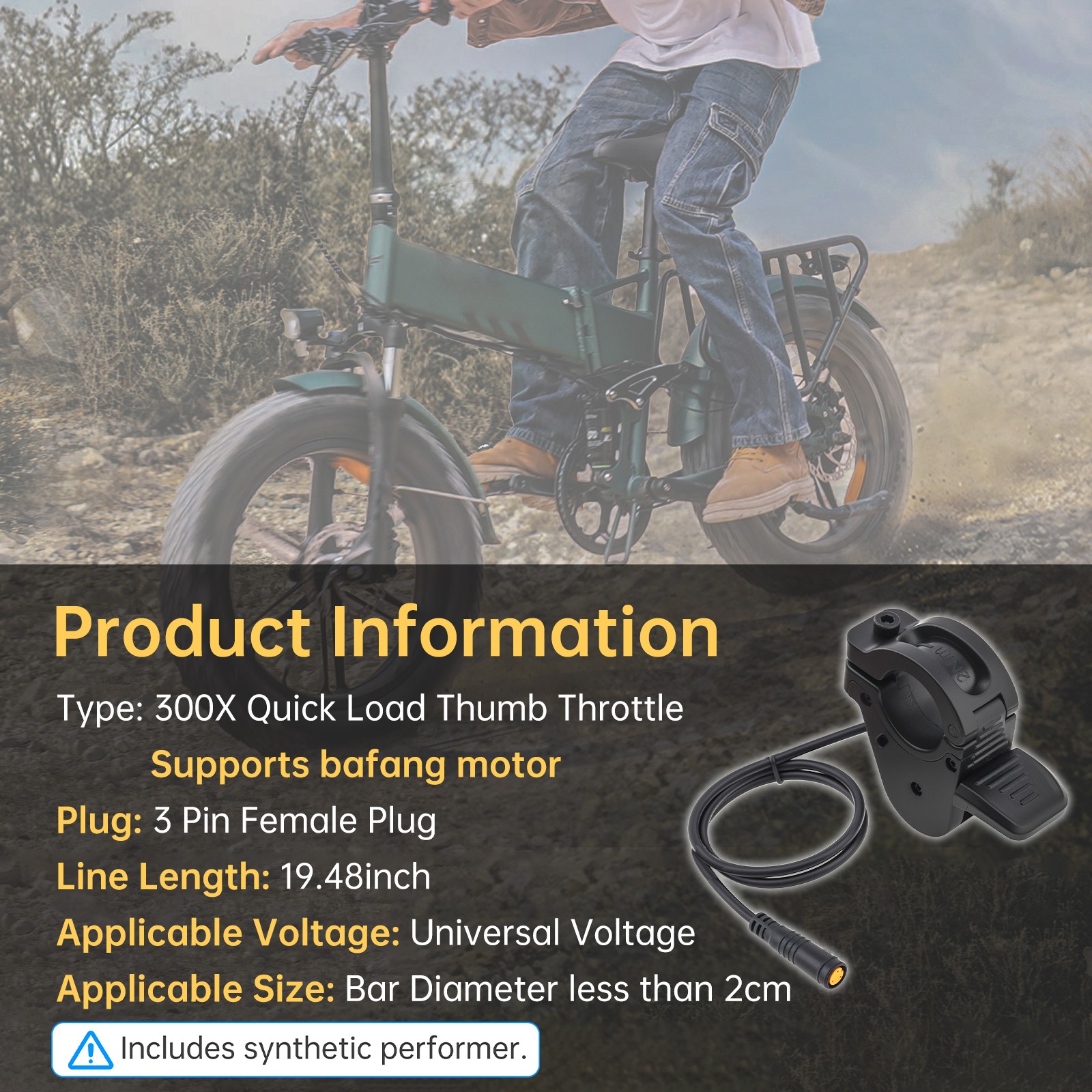 3 Pin Female Thumb Throttle for E-Bikes, IPX4, 24V-72V, Matte Black, 22mm