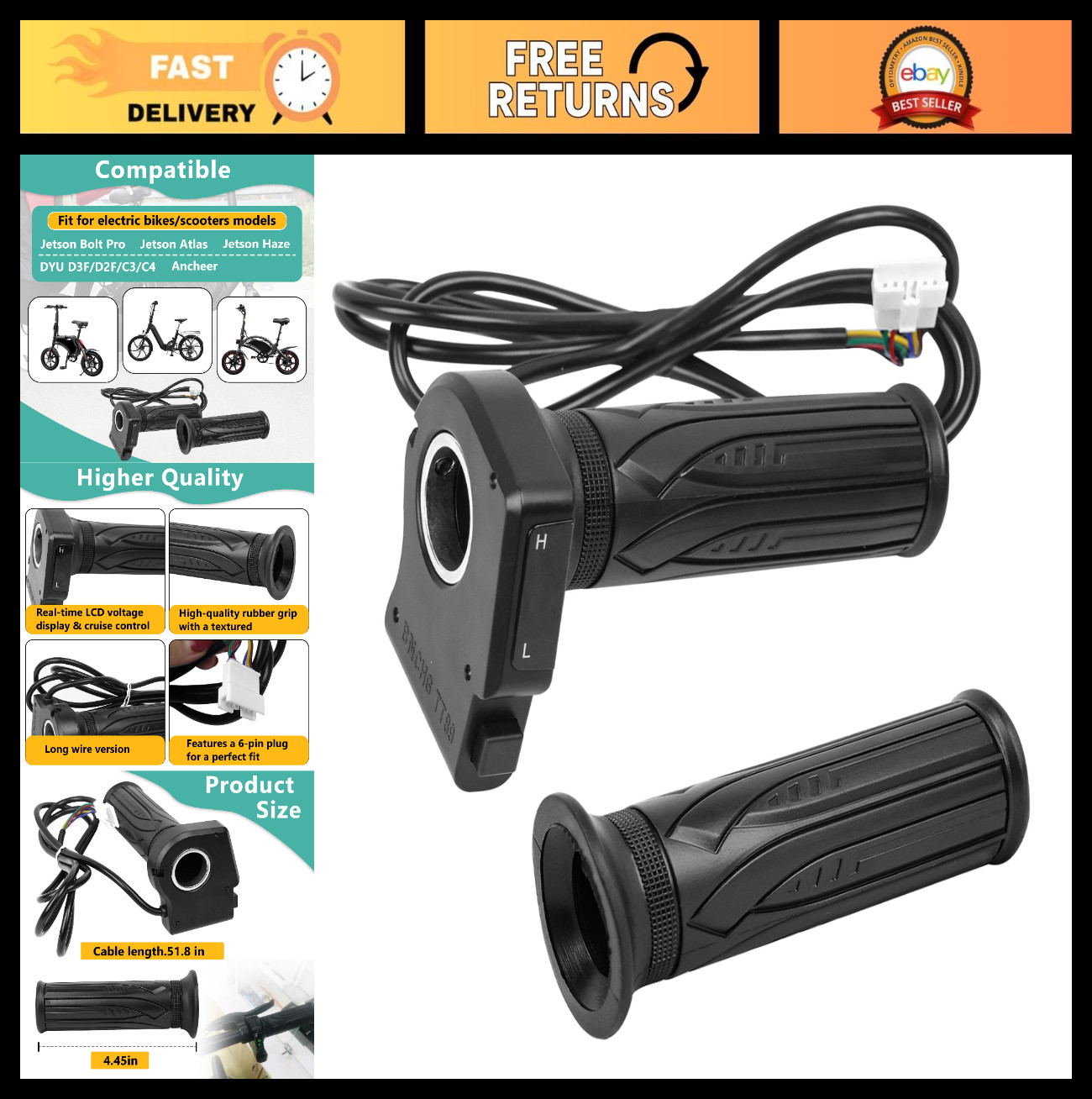 36V eBike Throttle Grip Replacement w/LCD Display & Cruise Control, Fits Jetson