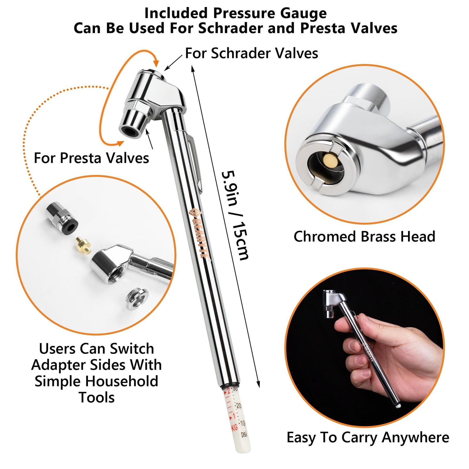 RocRide Mini Bike Tire Pump with Pencil Tire Pressure Gauge Inflates to 120 P…