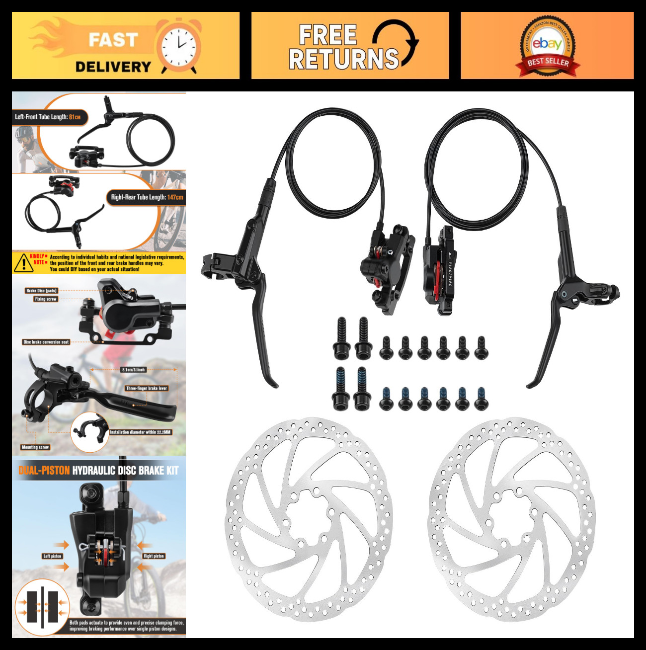 Hydraulic Brakes for E-Bike & Mountain Bike – 160mm Rotors, Ceramic Pads, 4 Pist