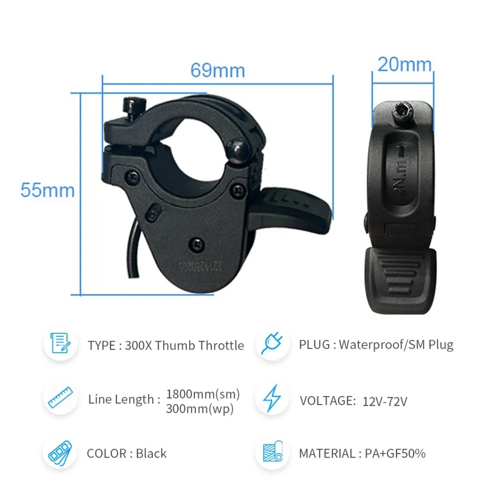 eBike Thumb Throttle 300X 3Pin 24V-72V Right/Left Hand Throttle SM/WP Plug Parts