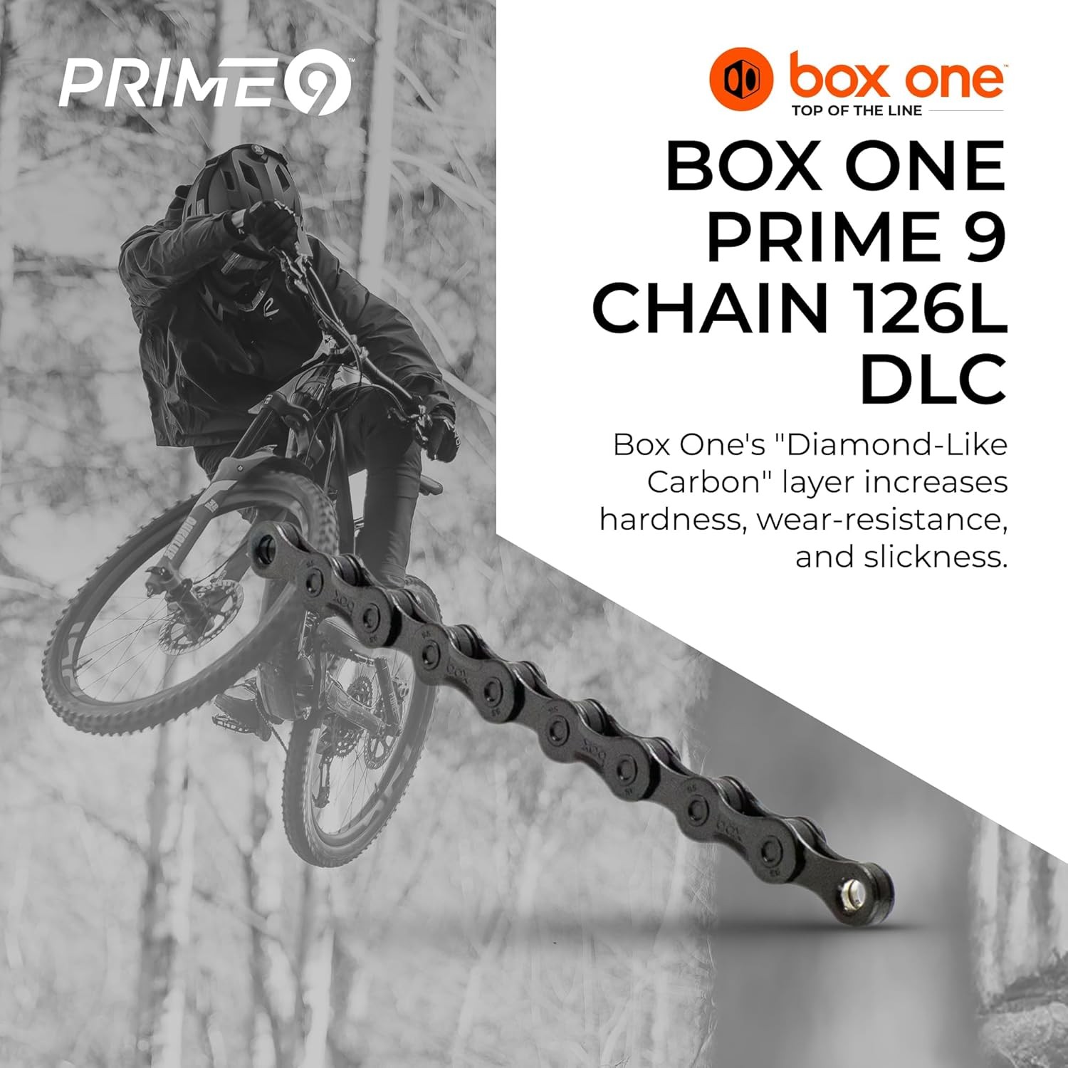 Box One Prime 9 Mountain Bike Chain 126L Finish DLC Black Over Nickel