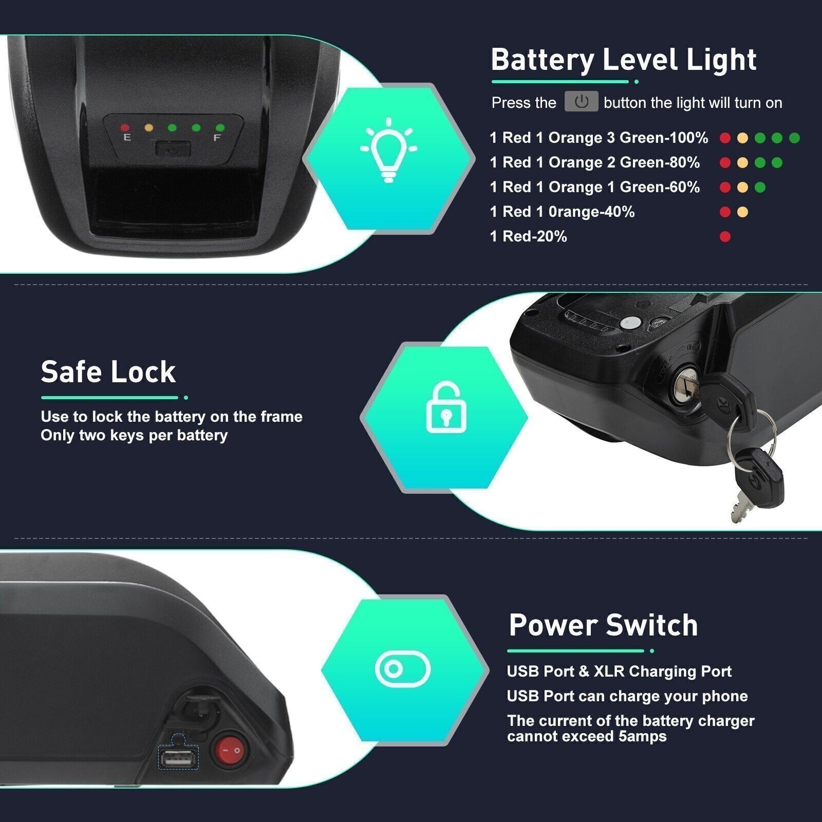 36V 20Ah Hailong Lithium Ebike Battery 4-Pin 40A BMS For 0~1500W Electric Bike