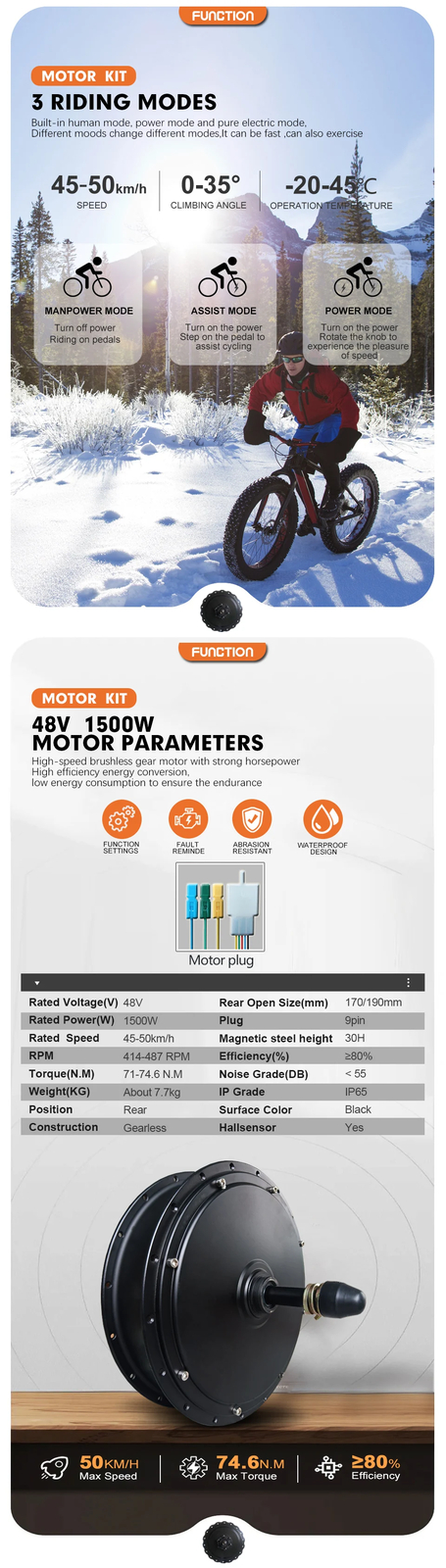 48V 1500W 20 24 26in Snow E-bicycle Fat Brushless Gearless Rear Rotate Hub Motor