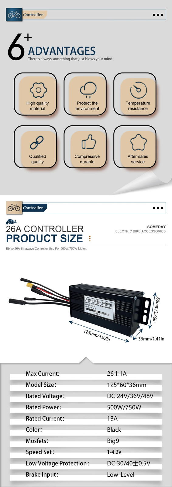 E-bike 26A Waterproof Three Mode Sinewave Controller 24V/36V/48V with Display