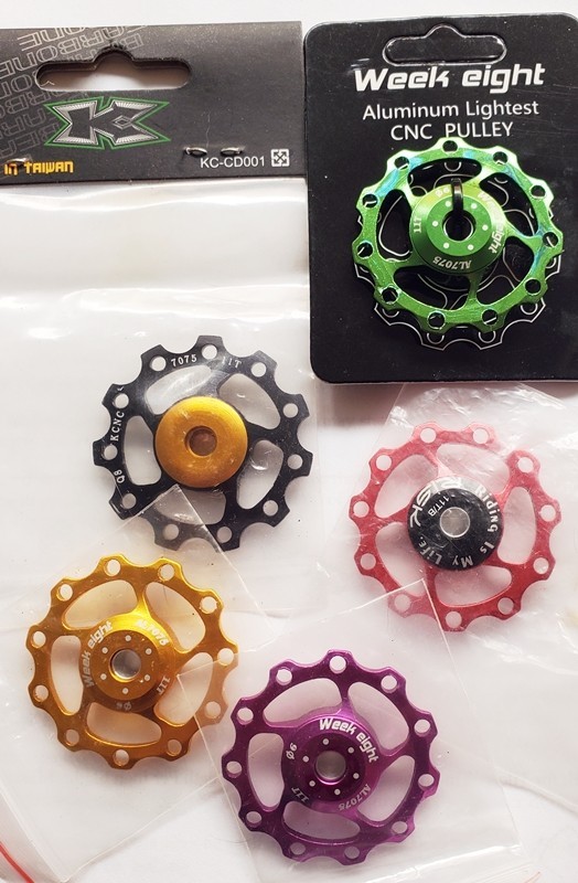 Derailleur Pulley Wheels – 5 singles, 11T Gold, Purple, Green, Red, Black
