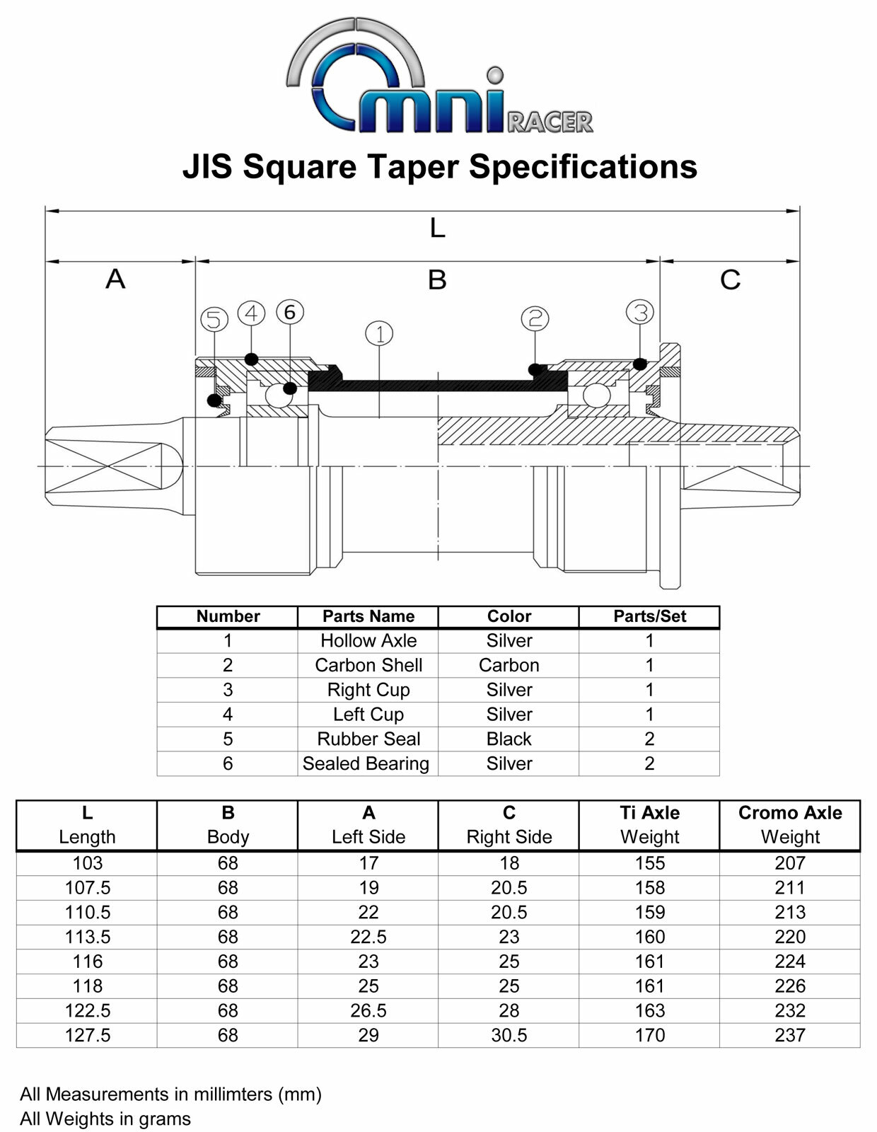 OMNI Racer Worlds Lightest Titanium JIS Square Taper Bottom Bracket 68x110mm