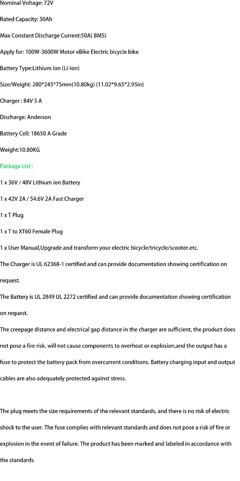 36V 48V 52V 60V 72V Lithium Ebike Battery ≤3600W Electric Bike Motor 30A-50A BMS