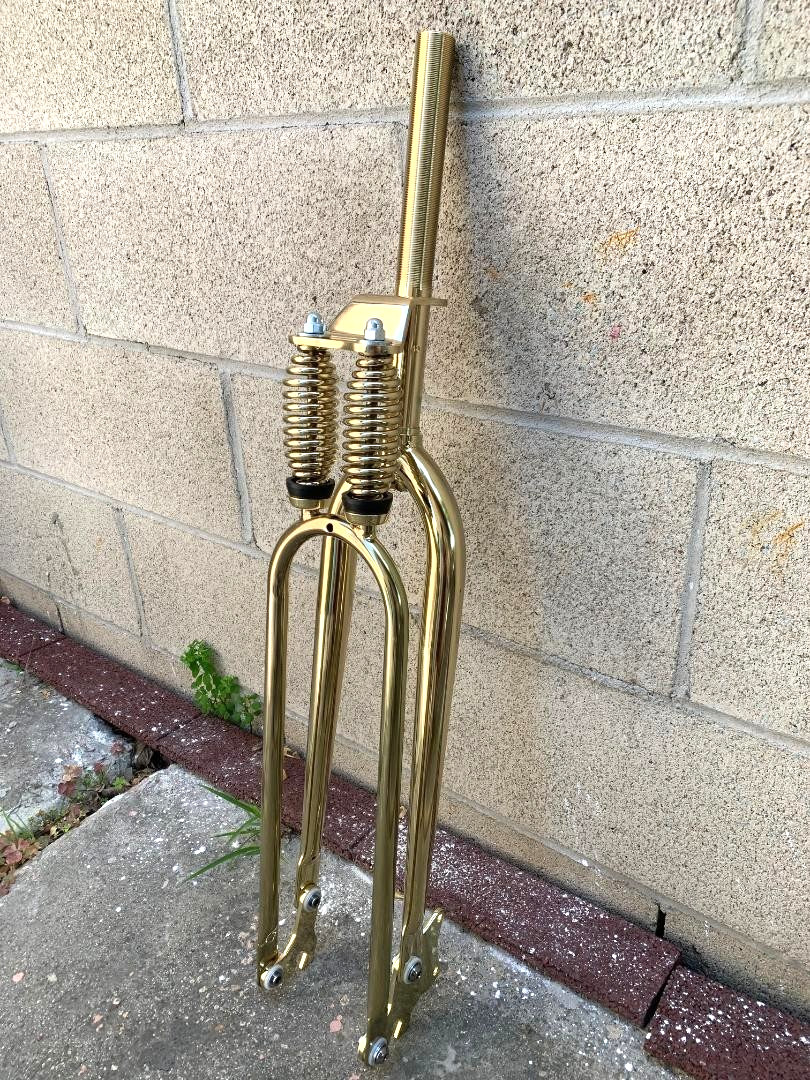 26″ Gold Bicycle Heavy Duty Dual Springer Fork Disc Tab 1″ Threaded Cruiser Bike