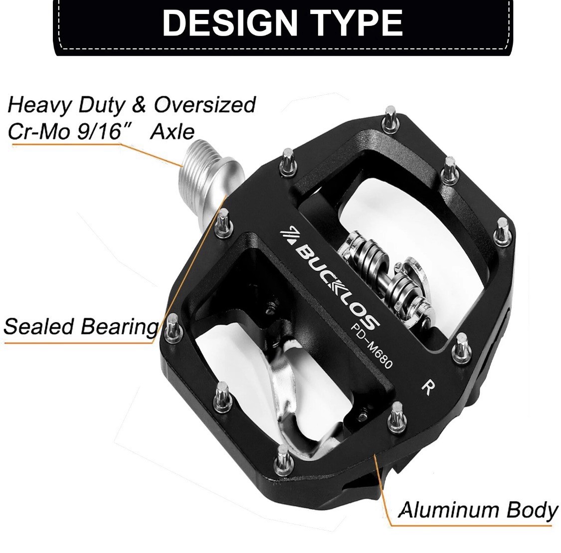 BUCKLOS Dual Function Bike Pedals SPD Clipless Flat Platform Black Aluminum M680