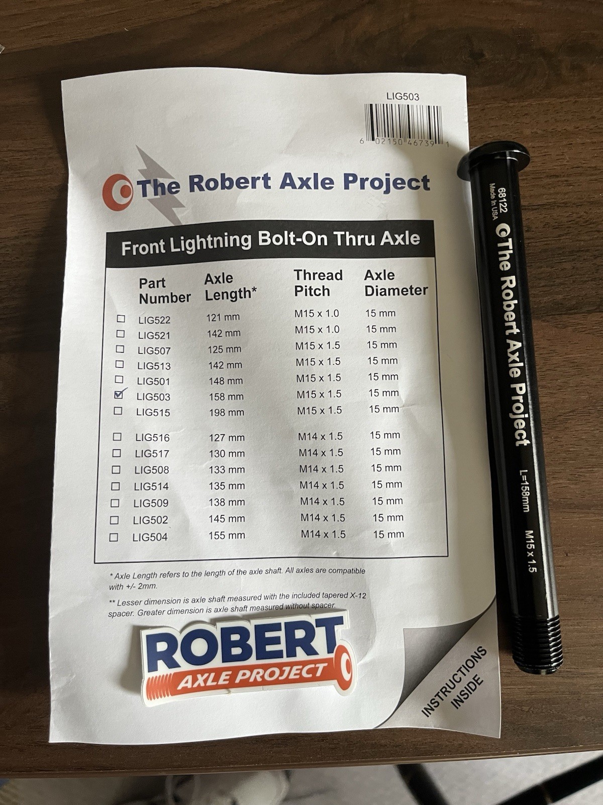 Robert Axle Project LIG503 Lightning Axle Front Boost 15mm X 158mm M15 X 1.5