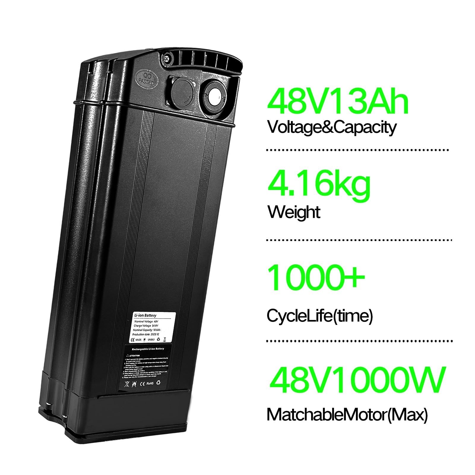 48V Lithium Battery, 20AH/13AH, with 30A BMS, No Bottom Connection Port