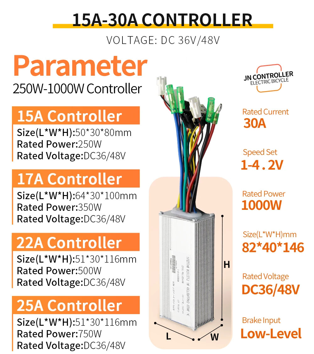 E-bike Controller 36/48V 250-1000W SM Connector Brushless Bicycle Controller