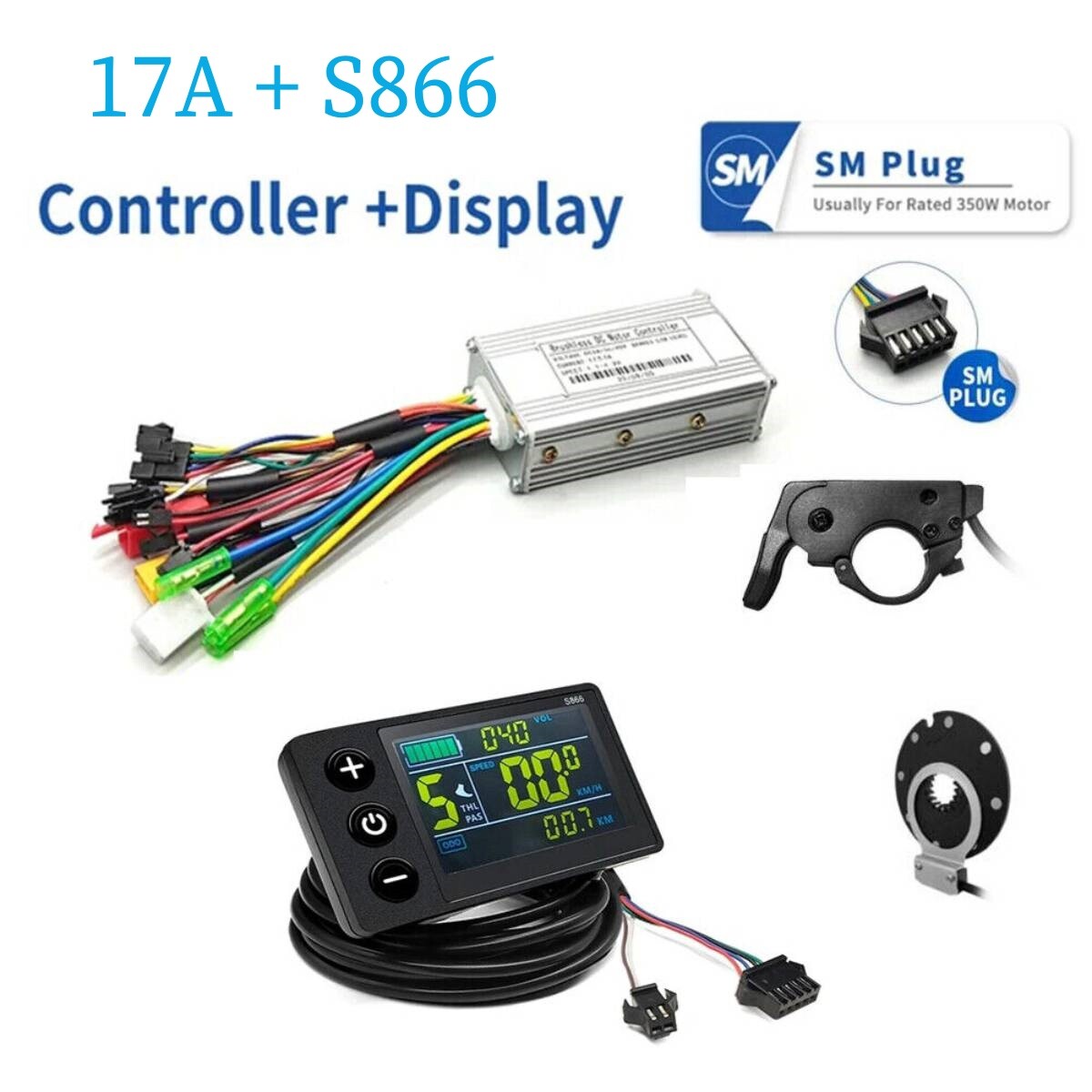 E-bike 250W-1000W 17-30A Sine Wave Controller+S866 Display+Thumb Throttle Kits