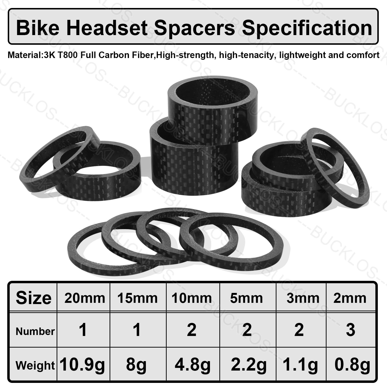BUCKLOS 11 PCS Bike Headset Spacer Aluminum Alloy/Carbon Fiber 20 15 10 Matte